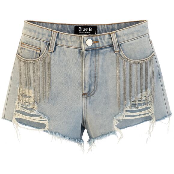 Blue B Rhinestone Fringe Distressed Denim Jean Shorts Women’s Size Large - Picture 1 of 10
